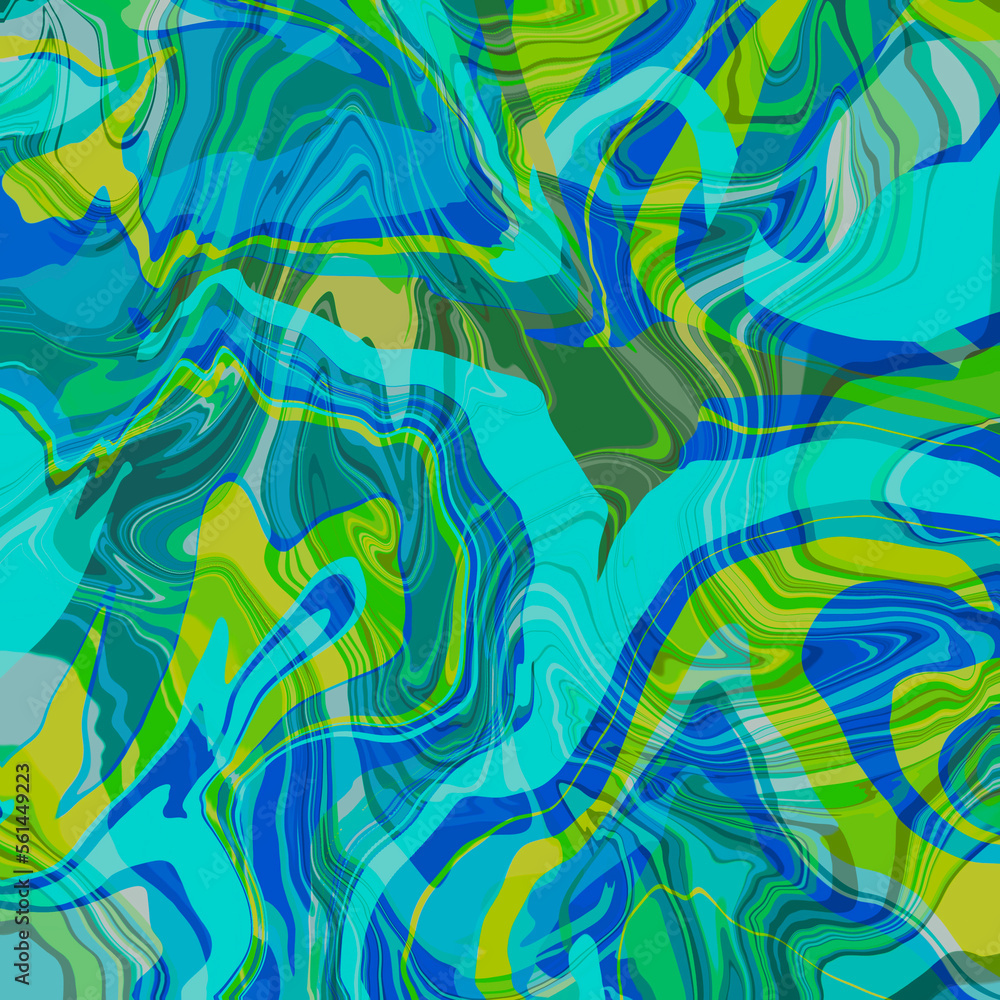 Abstract bright multicolor layered wavy stripes Geometric swirly marble pattern in blue, green and yellow