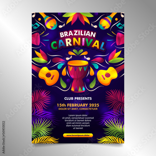 Luxury Brazilian Carnival Flyer with colorful elements and dark blue background