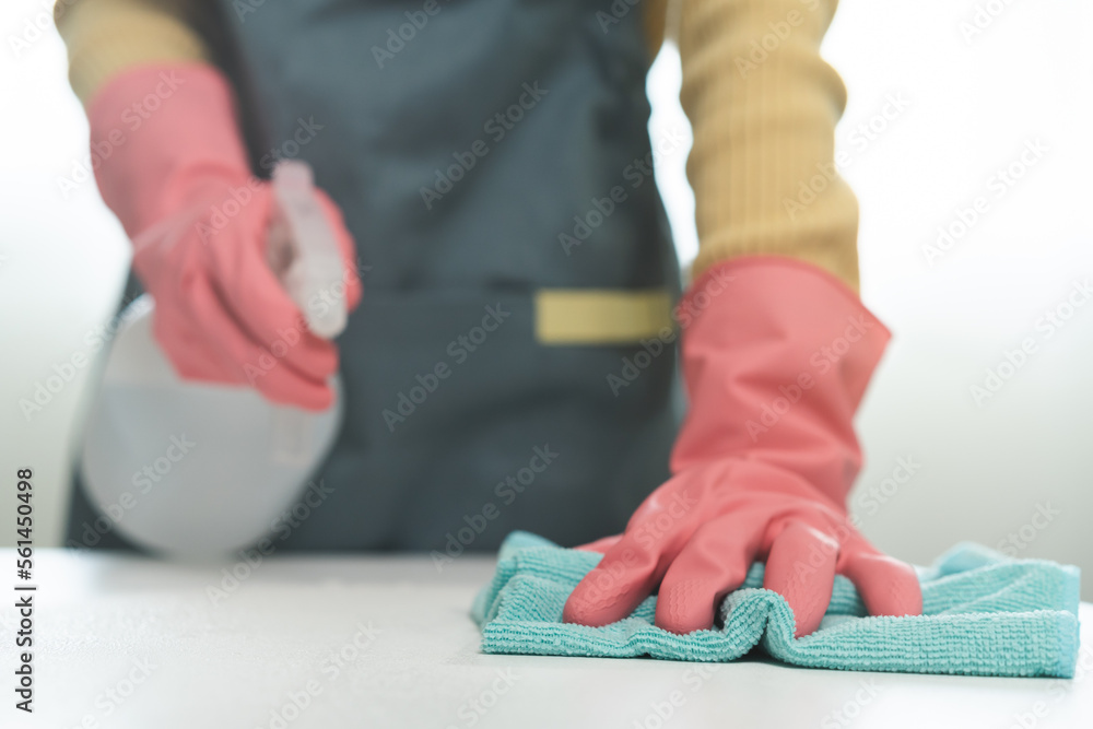 Cleanliness, asian young woman working chore clean up on white table, hand wearing gloves using rag rub remove dust with spray bottle. Household hygiene clean up, cleaner, equipment tool for cleaning.