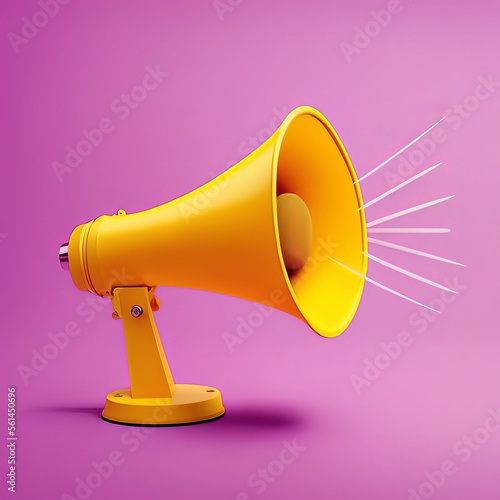 Yellow megaphone isolated on pink background. Concept for announcement and communication on social media. Generative AI. © ern