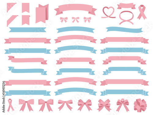 Ensemble d'illustrations vectorielles de décoration de ruban classique et cadre rose / icône, décoration, Saint-Valentin, ruban rose