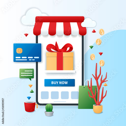 Online shopping banner. Smartphone with gift box and credit card icons on screen. Web vector illustrations in 3D style