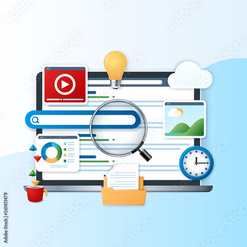 Search engine result page banner. Laptop with content and search bar icons on the screen. Online courses concept. Web vector illustration in 3D style