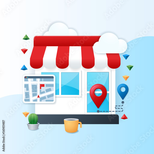 Shop local banner. Local shop building and map icon. Business concept. Web vector illustrations in 3D style