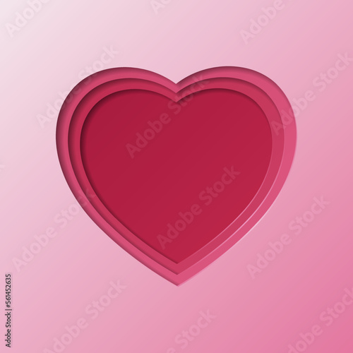 Red paper cut out heart shape pattern in layers. 3D gradient background. Color of the year 2023, viva magenta. Design element for card, cover, banner, poster, backdrop, wall. Vector illustration.