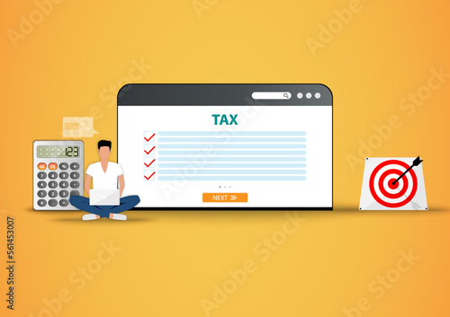 Business concept of online tax, business man is working on his laptop to check the list of tax and calculate for this physical year in a background of a big screen of web browser.