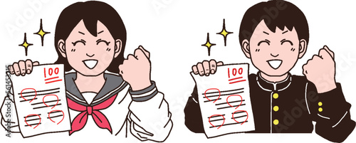 	100点満点のテストを手にガッツポーズする学生服男女（手書きカラー）