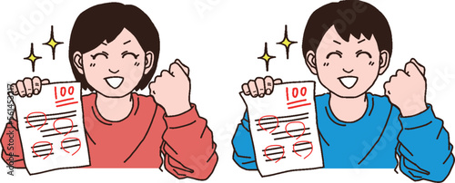 	100点満点のテストを手にガッツポーズする私服男女（手書きカラー）