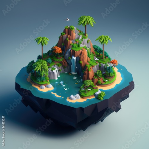 Ethereal green island floating in the sky, complete with a mountain, a river, and a waterfall. Fantasy island design abstracted in the shape of an isometric triangle pollution ecosystem. GENERATIVE AI photo