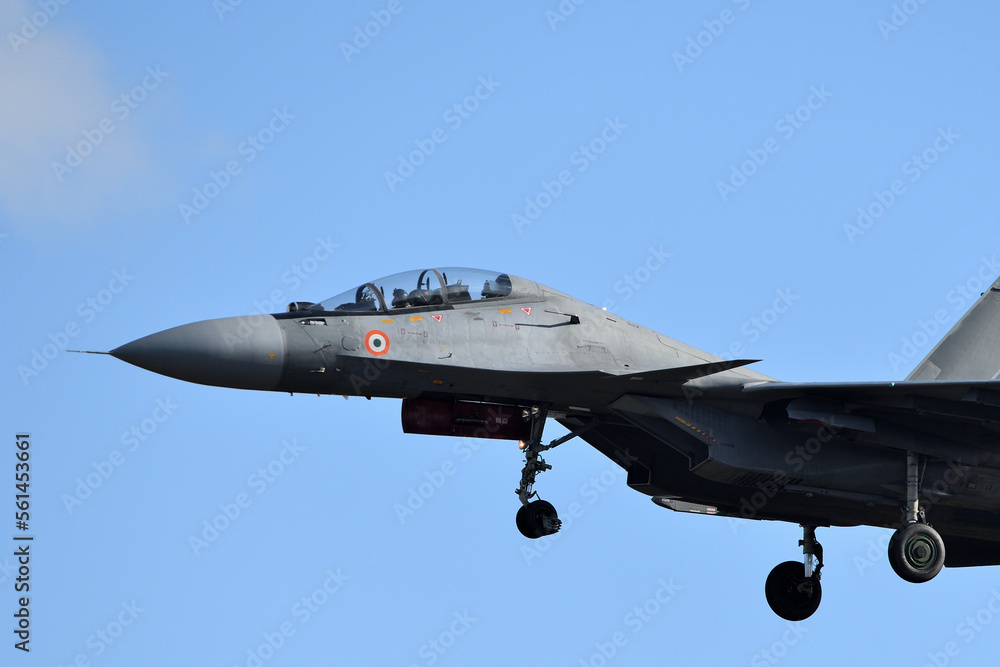 An Indian Air Force fighter jet on approach. An Indian Air Force fighter jet on approach.