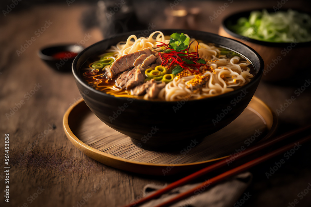 Traditional Asian ramen in a restaurant on a blurred background. Generated by AI.
