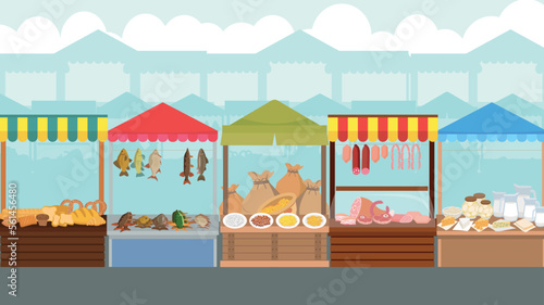 Farmer's food market. Sale of dairy, meat, fish, bakery products