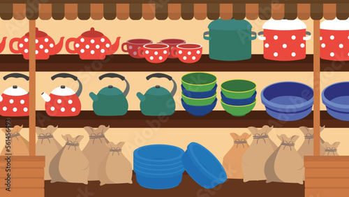 Store shelves with teapots, cups, pots, bowls and pouches