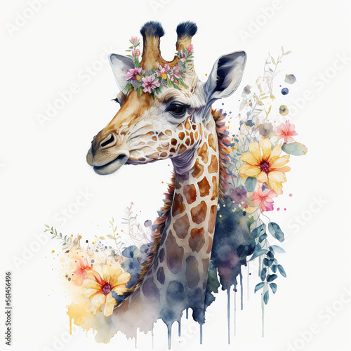 watercolor giraffe with flowers around, Generative AI