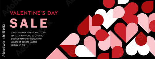 Valentines day vector banner template and discount special offers. Colourful geometric background in red and pink with geometric hearts for February holiday shop promotion.