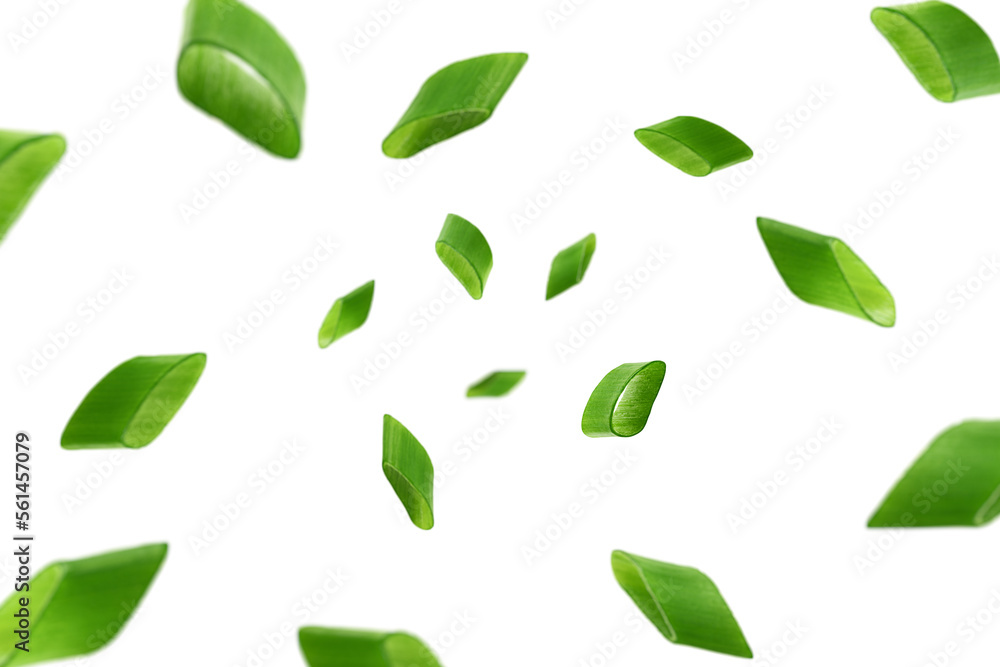 Falling chopped Green Onion isolated on white background, selective focus - obrazy, fototapety, plakaty 