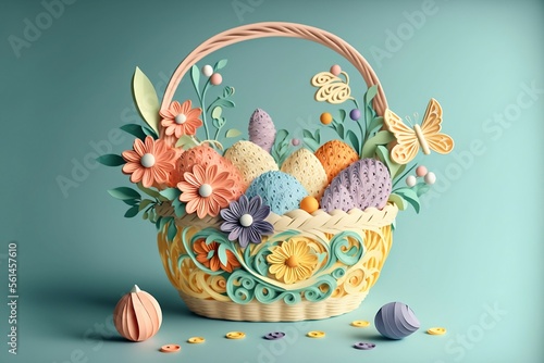 paper quilling of pastel Easter basket with eggs, flowers and butterflies photo