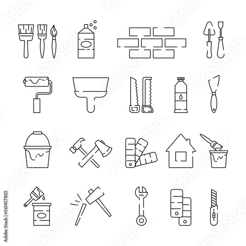 Carpentry tool icons. House renovate. Paint brush and roller for decorator. Spatula and bucket. Painter line symbols. DIY wall equipment. Building makeover. Vector pictogram garish set