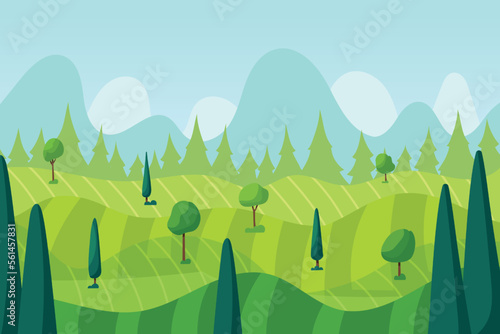 Grass fields landscape. Scenic sky. Spring hills with green trees. Meadow lands. Countryside grassland. Summer scene. Mountains skyline silhouettes. Vector cartoon garish background