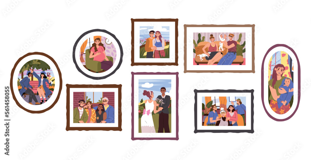 Obraz premium Family photo frames. Parents and babies pictures. Wall with memory portraits. Kids photographs. Wedding snapshot. Happy couple. Pregnant woman or mother with toddler. Vector cartoon set