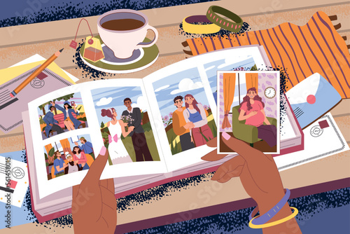 Memory photo book. Hands hold photographs. Snapshots album. Image creation with coffee on table. Family photoalbum. Female notes in pictures. Desk top view. Vector illustration concept