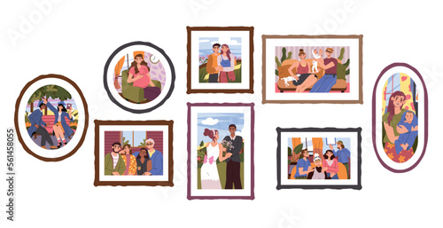 Family photo frames. Parents and babies pictures. Wall with memory portraits. Kids photographs. Wedding snapshot. Happy couple. Pregnant woman or mother with toddler. Vector cartoon set