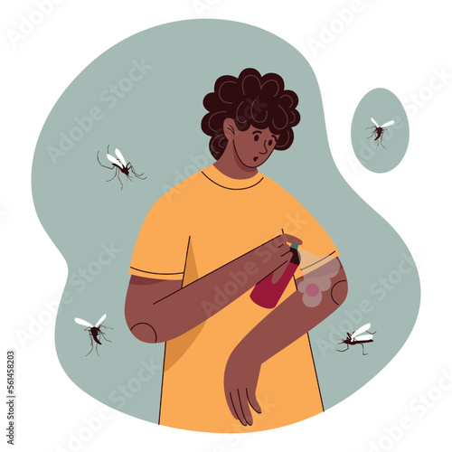 Mosquito bite. Male character spraying repellent aerosol. Hot bugs. Person in summer. Man safety at season. Insect sting. Dengue malaria. Bloodsucker wound. Vector flat tidy concept