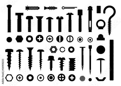 Screw tools set, bolt and nail nut. Hook and fastener, carpenter icons, building drill, clincher, business construction. Flat isolated elements. Vector black silhouette utter collection photo