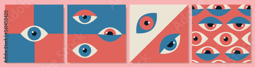 Bauhaus eye geometric art posters. Modern minimal hipster shapes. Retro square covers set. Swiss patterns. Abstract figures. Vintage red and blue hypnotic eyeballs. Vector illustrations