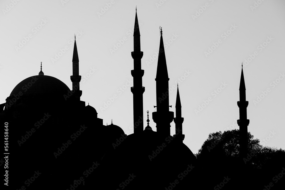 Fototapeta premium Black and white silhouette of Mosque, minarets and domes of Istanbul skyline, Turkey.