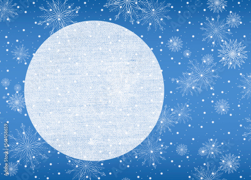 満月と雪の結晶の背景イラスト、夜空と雪の結晶壁紙、雪の降る背景イラスト、コピースペースのある冬の壁紙