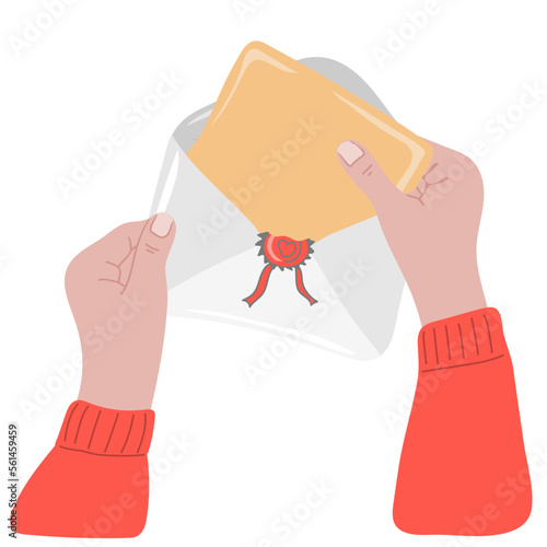 Human hand holding open envelope and postcard. Vector illustration
