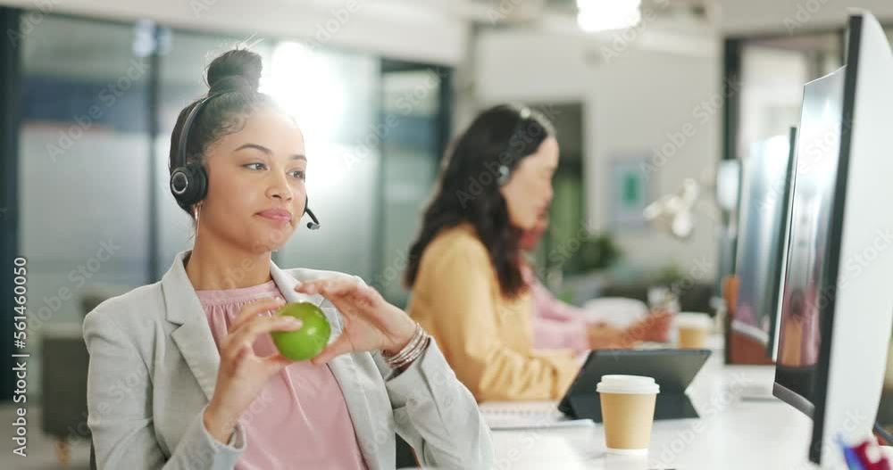 Call center, consulting or business woman with apple on computer for telemarketing, customer service contact us. Communication, sales or crm girl with food at help desk agency for technical support