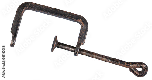 An old, steel, rusty carpenter's squeeze, on a transparent background.