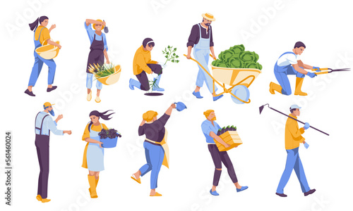 set of different gardeners isolated on white background. Men and women different characters with agricultural tools. Vector flat illustration