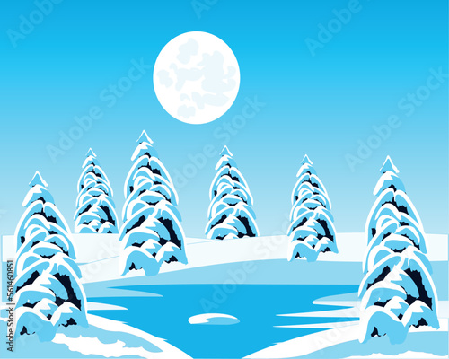 Winter landscape river and tree in snow