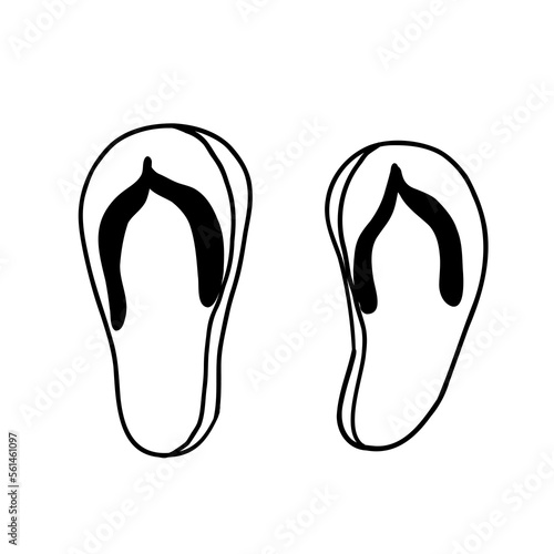 Yellow Flip-flops. Beach shoes. Vector illustration in outline doodle style isolated on white background.