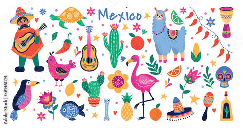 Mexico celebrate symbols. Mexican musician. Guitar and sombrero. Desert cactus. Ethnic fish and turtle. Holiday party or travel nature elements set. Funny llama. Vector doodle illustration