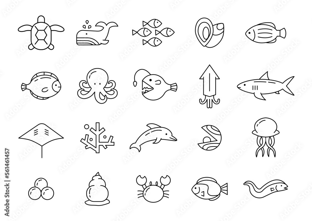 Sea water animal icons. Marine fish. Turtle and whale. Seafood line symbols. Anglerfish and shellfish. Octopus and shell. Lobster in coral. Vector illustration recent pictograms set