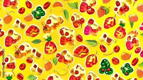Fototapeta Naklejka Na Ścianę i Meble -  Seamless pattern of assorted gummies jelly gummy fruit sweets candy on yellow background top view flat layout.