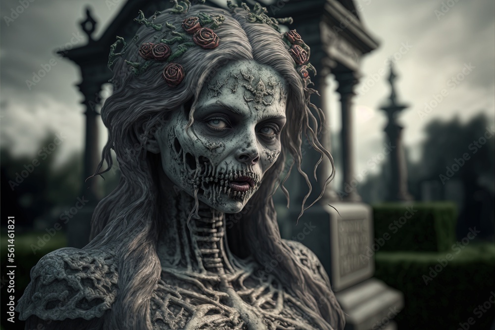Zombie Woman on the Cemetery. Generative AI, non-existent person.	