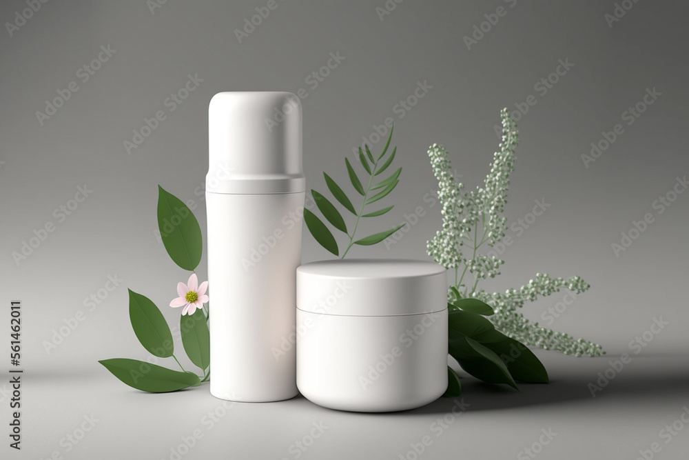 white color blank skincare tube and blank skincare jar on flat design a lot of space 3d background product display podium scene with nature background. Generative AI white color blank skincare tube and blank skincare jar on flat design a lot of space 3d background product display podium scene with nature background. Generative AI