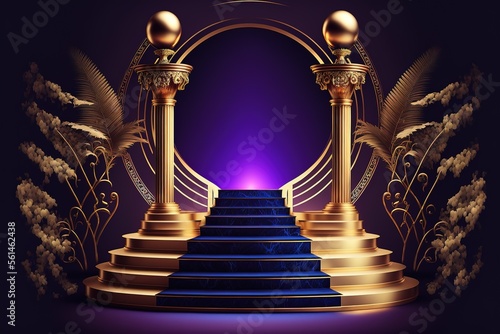 Golden Blue Purple Award Background. Jubilee Night Decorative Invitation. Trophy on Stage platform with spotlight. Generative AI