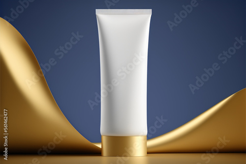 white color blank toothpaste tube on flat design a lot of space 3d dark-blue and gold rich background, Generative AI