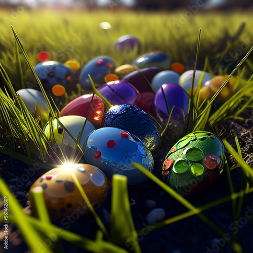 easter eggs in grass in 3d, generative AI