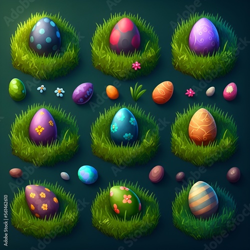 nine easter eggs in grass set, generative AI
