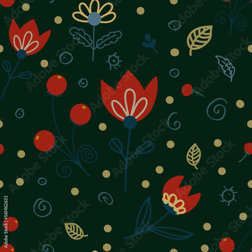 Vector seamless pattern with cute flowers and berries on a black background.