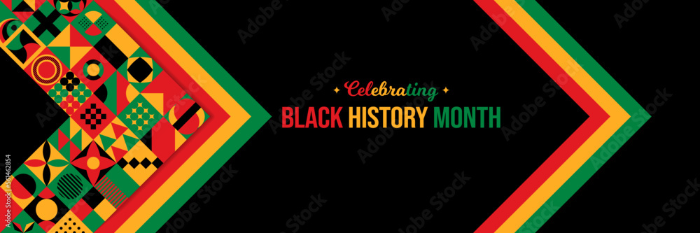 Celebrating Black History Month Background. February Awareness Celebration poster. Horizontal website header banner vector illustration. Neo Geometric pattern concept. Social media post, graphic art - obrazy, fototapety, plakaty 