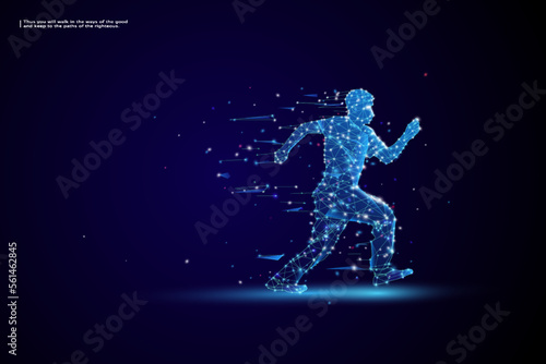 Running Man, Abstract running man form lines and triangles, Network connection turned into, vector illustration.