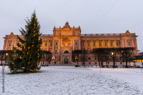 Riksdag, Swedish parliament in winter Christmas time facade view